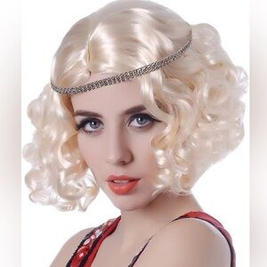 Short Curly Flapper Wig - Wavy Halloween Party Wigs with Sequin Headband Golden